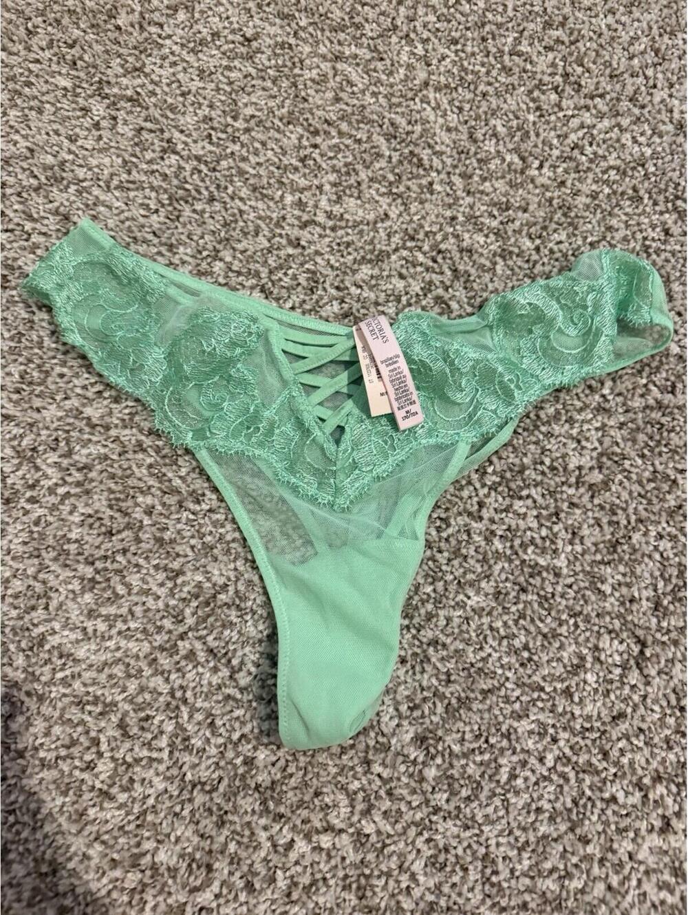 NWT VICTORIA'S SECRET GREEN BOHO MESH FLORAL LACE UP STRAPPY BRAZILIAN PANTIES